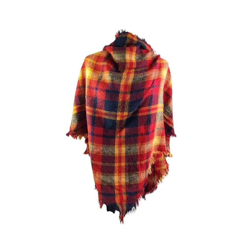 Women's Burnt Orange Red Navy Fringe Plaid Large Triangle Scarf Wrap